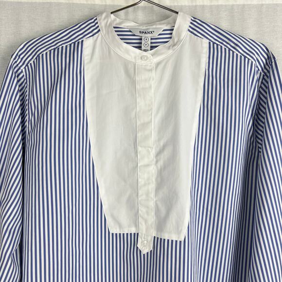 NEW Spanx Top Poplin Tuxedo Shirt Blue Striped Victorian Old Money Nautical - Picture 2 of 6